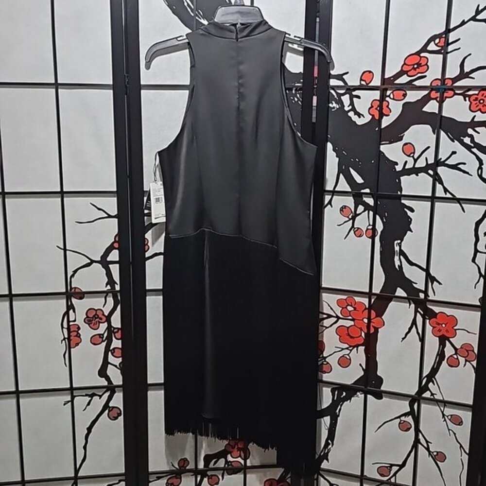 Liv Foster Mock Neck Sleeveless Midi Asymmetrical Fringe Crepe Dress Size 8 New - Picture 12 of 16